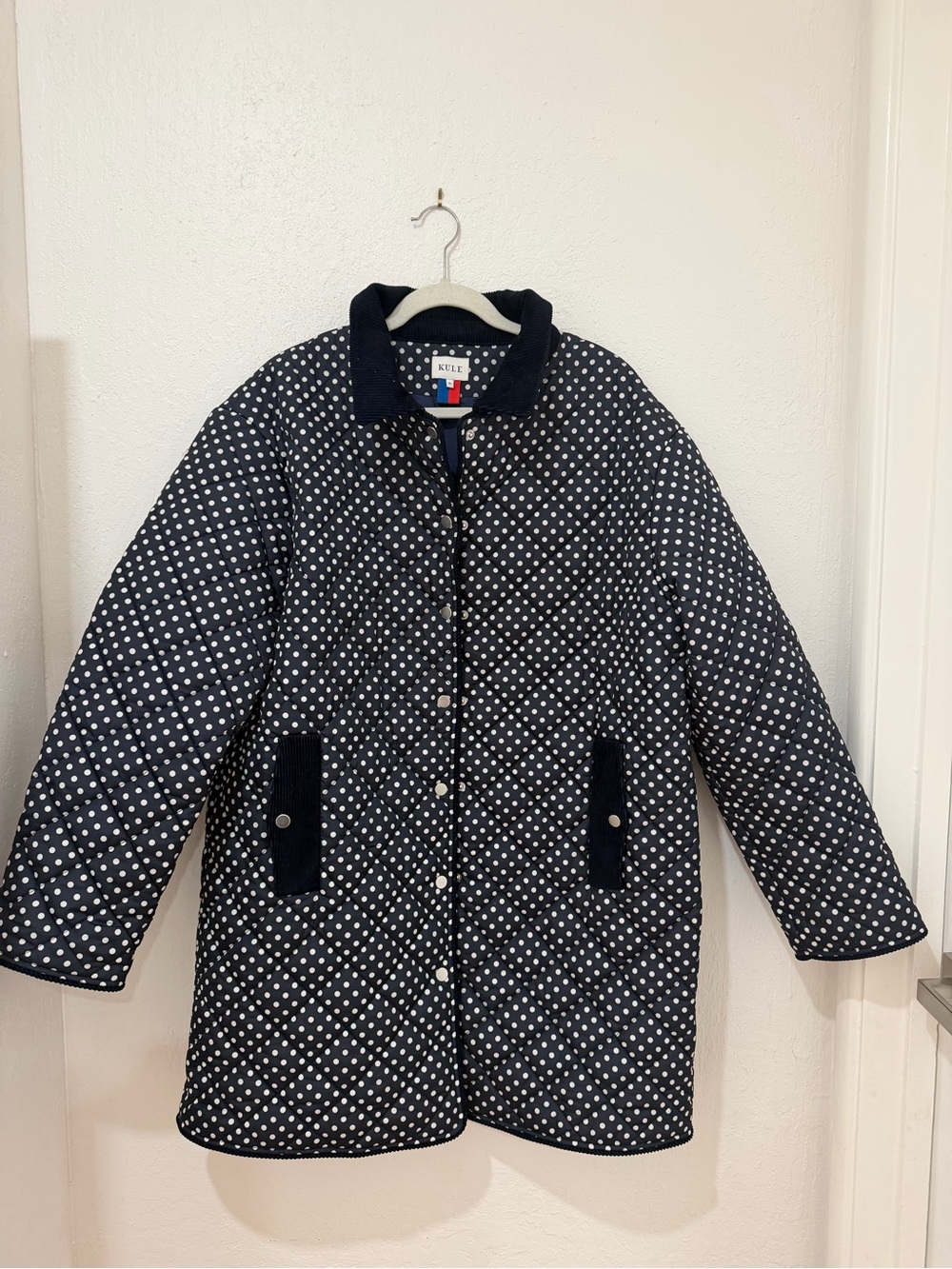 KULE Navy Polka Dot Quilted Jacket with Contrast Collar